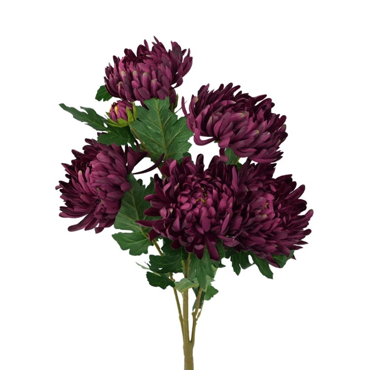Sztuczny bukiet chryzantemy x5 w kolorze bordowo/zielonym 63 cm