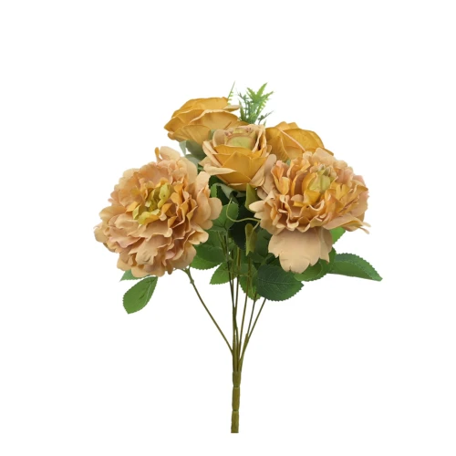 Sztuczny bukiet róży z piwonią w kolorze brudnym żółtym 40 cm