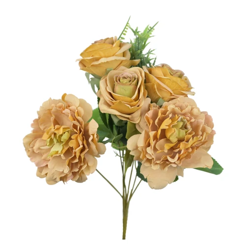 Sztuczny bukiet róży z piwonią w kolorze brudnym żółtym 40 cm