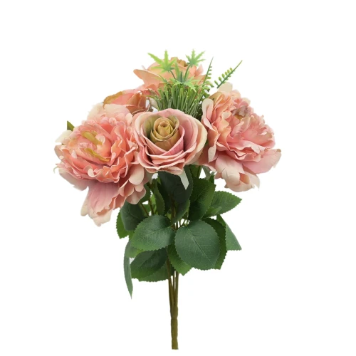 Sztuczny bukiet róży z piwonią w kolorze różowo/zielonym 40 cm