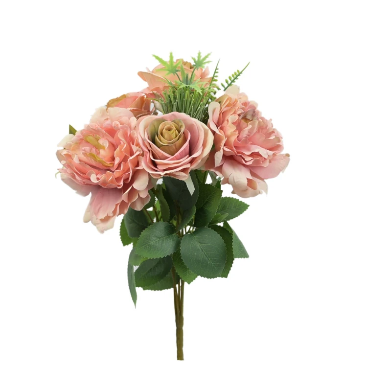 Sztuczny bukiet róży z piwonią w kolorze różowo/zielonym 40 cm