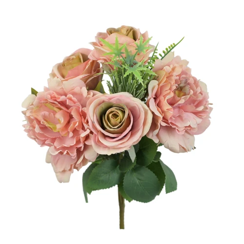 Sztuczny bukiet róży z piwonią w kolorze różowo/zielonym 40 cm