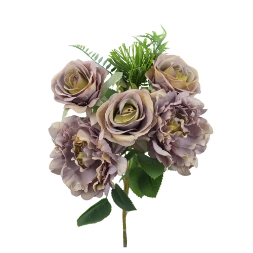 Sztuczny bukiet róży z piwonią w kolorze brudnym fiolecie 40 cm