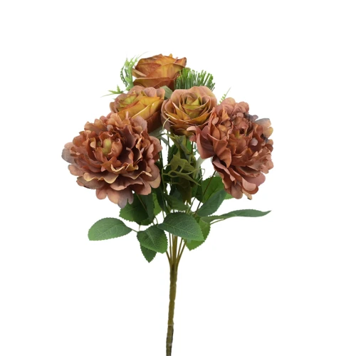 Sztuczny bukiet róży z piwonią w kolorze brudnym brązie 40 cm