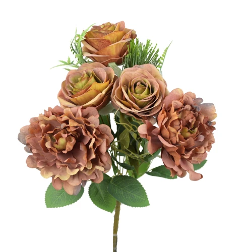 Sztuczny bukiet róży z piwonią w kolorze brudnym brązie 40 cm