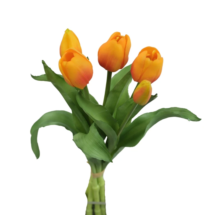 Sztuczny gumowy tulipan w wiązce x5 w kolorze pomarańczowym 30 cm