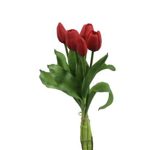 Sztuczny gumowy tulipan w wiązce x5 w kolorze czerwonym 30 cm