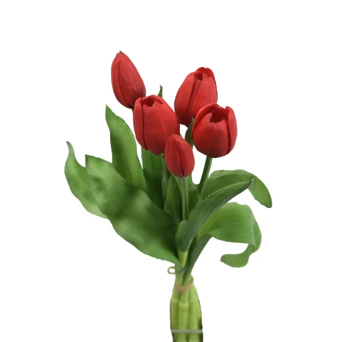 Sztuczny gumowy tulipan w wiązce x5 w kolorze czerwonym 30 cm