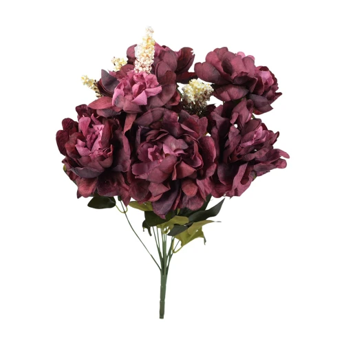 Sztuczny bukiet piwonii x6 z dodatkami w kolorze bordowym 47 cm