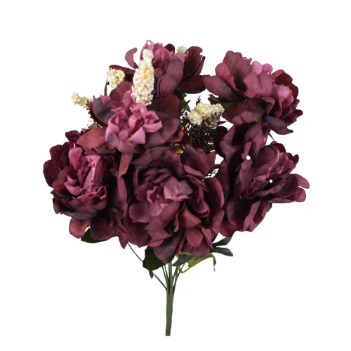 Sztuczny bukiet piwonii x6 z dodatkami w kolorze bordowym 47 cm