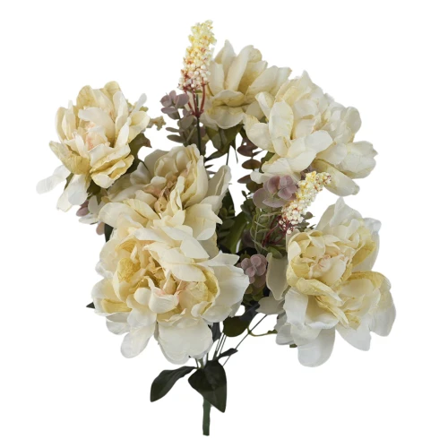 Sztuczny bukiet piwonii x6 z dodatkami w kolorze brudnym kremie 47 cm