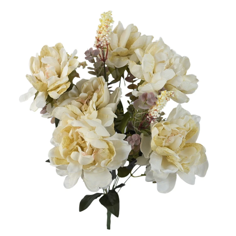 Sztuczny bukiet piwonii x6 z dodatkami w kolorze brudnym kremie 47 cm