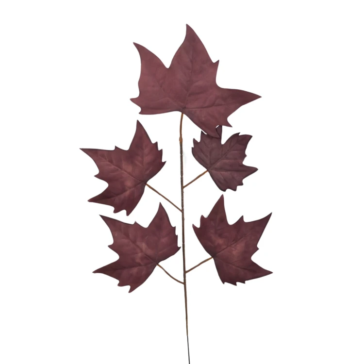 Sztuczny liść klonu w kolorze podpalanym bordowym 55 cm