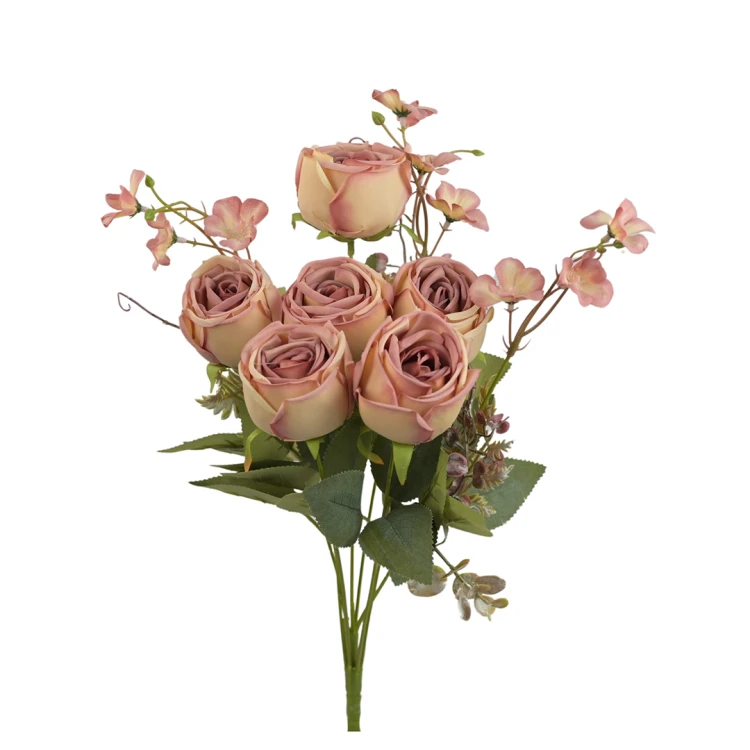 Sztuczny bukiet róży x6 w kolorze brudnym różu 47 cm