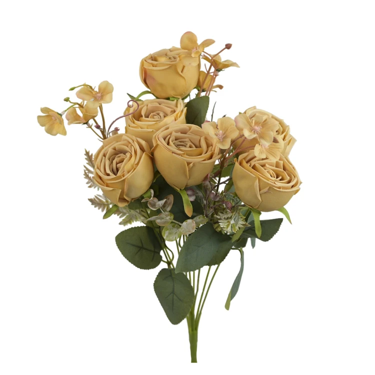 Sztuczny bukiet róży x6 w kolorze brudnym żółtym 47 cm