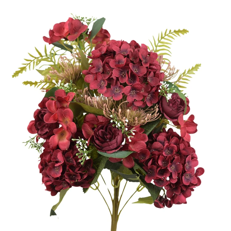 Sztuczny bukiet mix z hortensją w kolorze bordowym 50 cm