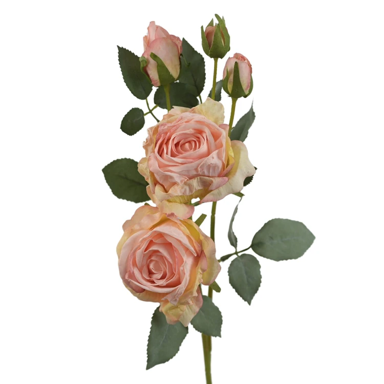 Sztuczna róża suszona gałązkowa w kolorze brzoskwiniowym 68 cm