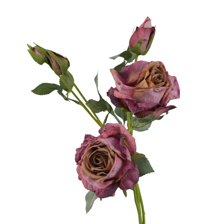 Sztuczna róża suszona gałązkowa w kolorze fuksji 68 cm