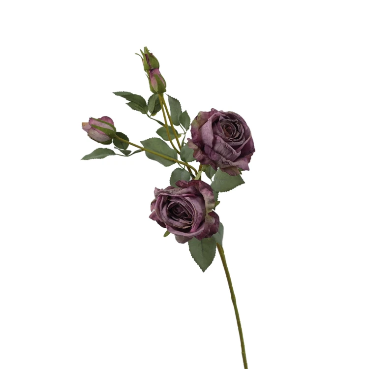 Sztuczna róża suszona gałązkowa w kolorze ciemnym fiolecie 68 cm