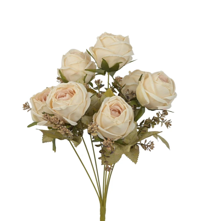 Sztuczny bukiet róży x 7 w kolorze kremowym 44 cm