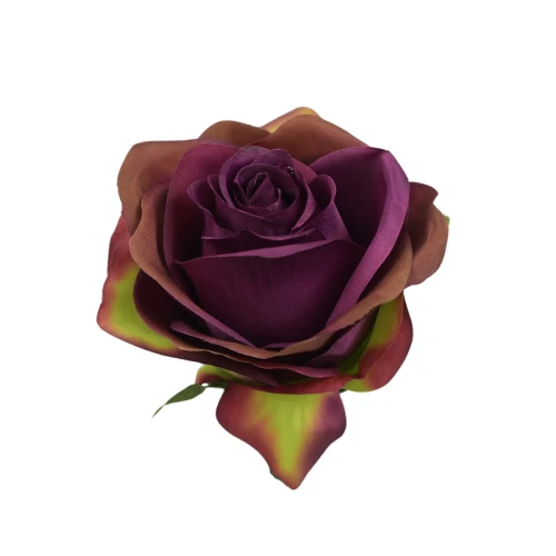 Sztuczna róża z listkiem w kolorze bordowo/zielonym 10 cm