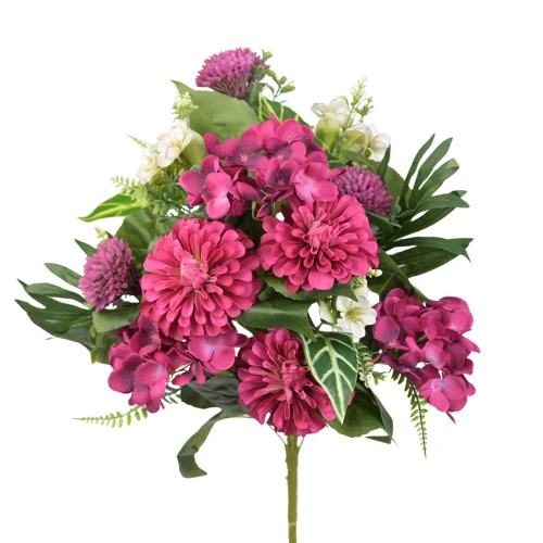 Sztuczny bukiet dalii z plastikowymi dodatkami w kolorze fuksji 60 cm