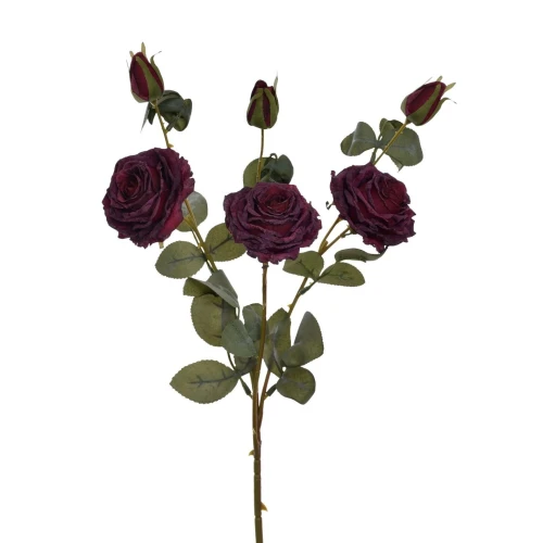 Sztuczna róża suszona x3 w kolorze bordowym 63 cm