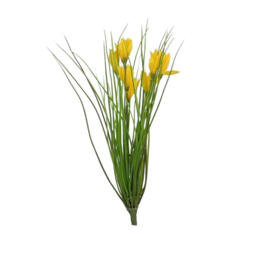Sztuczny bukiet krokus z trawką w kolorze żółtym 35 cm