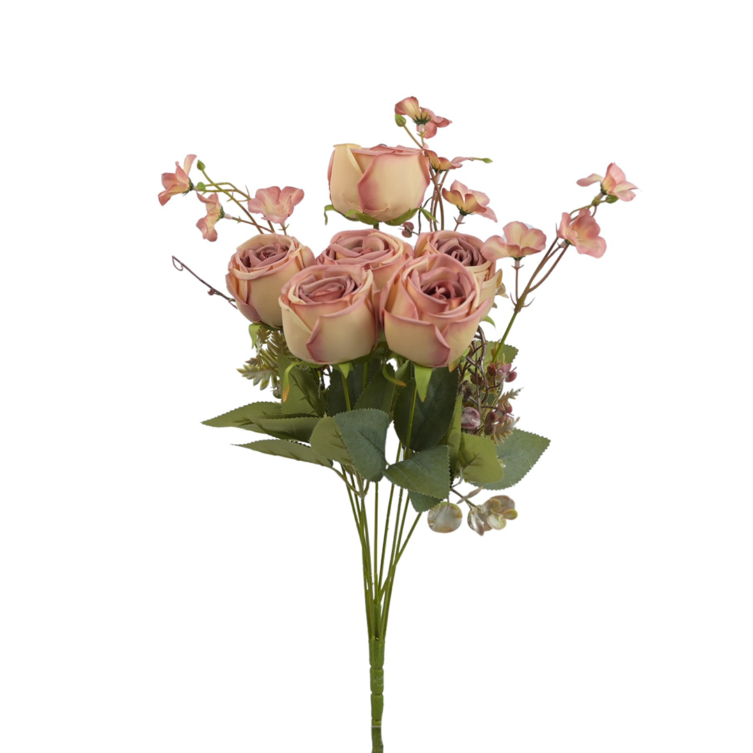 Sztuczny bukiet róży x6 w kolorze brudnym różu 47 cm